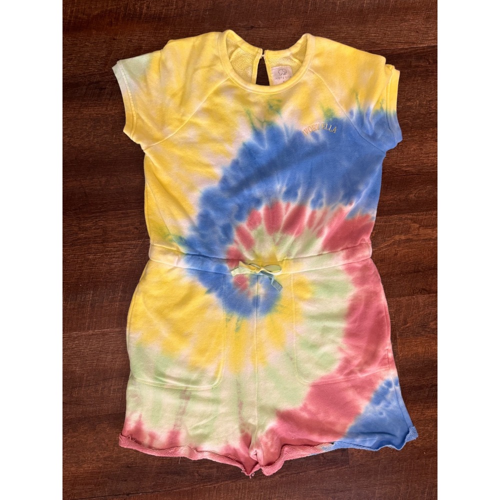 Ivory Ella Tie Dye Sweatshirt Romper M Raw Hem Drawstring Pocket Shorts